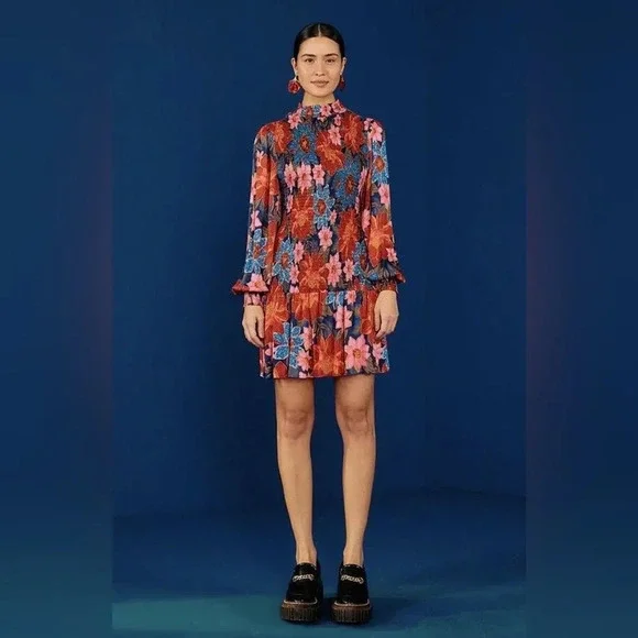 FARM RIO NWOT Garden Smocked Mini Dress in Navy - Picture 3 of 12